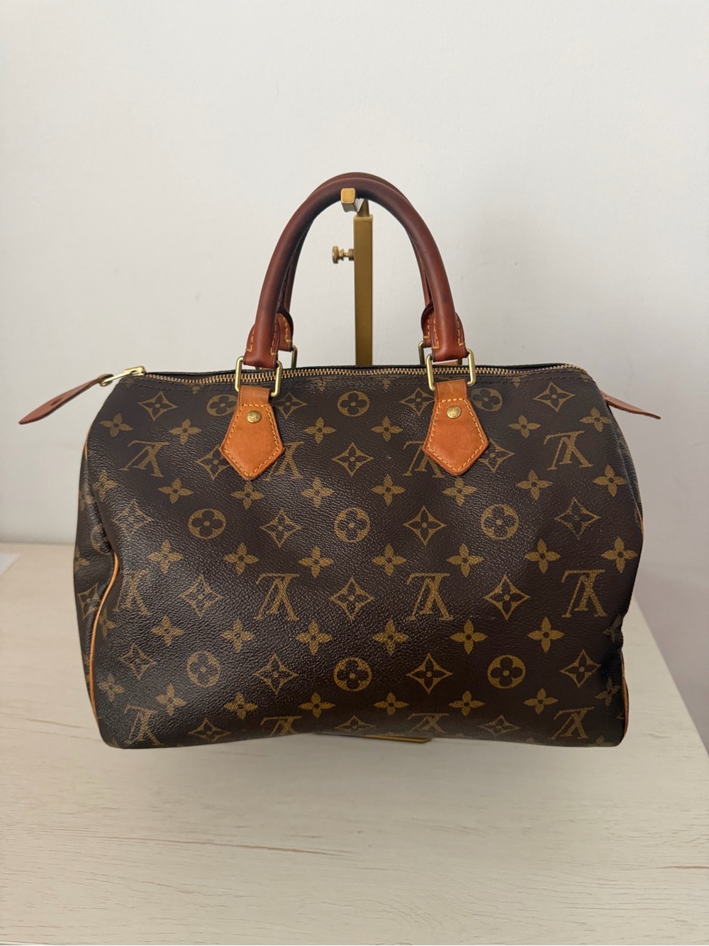Louis Vuitton Brown Monogram Canvas Satchel with Tan Trim and Gold Hardware
